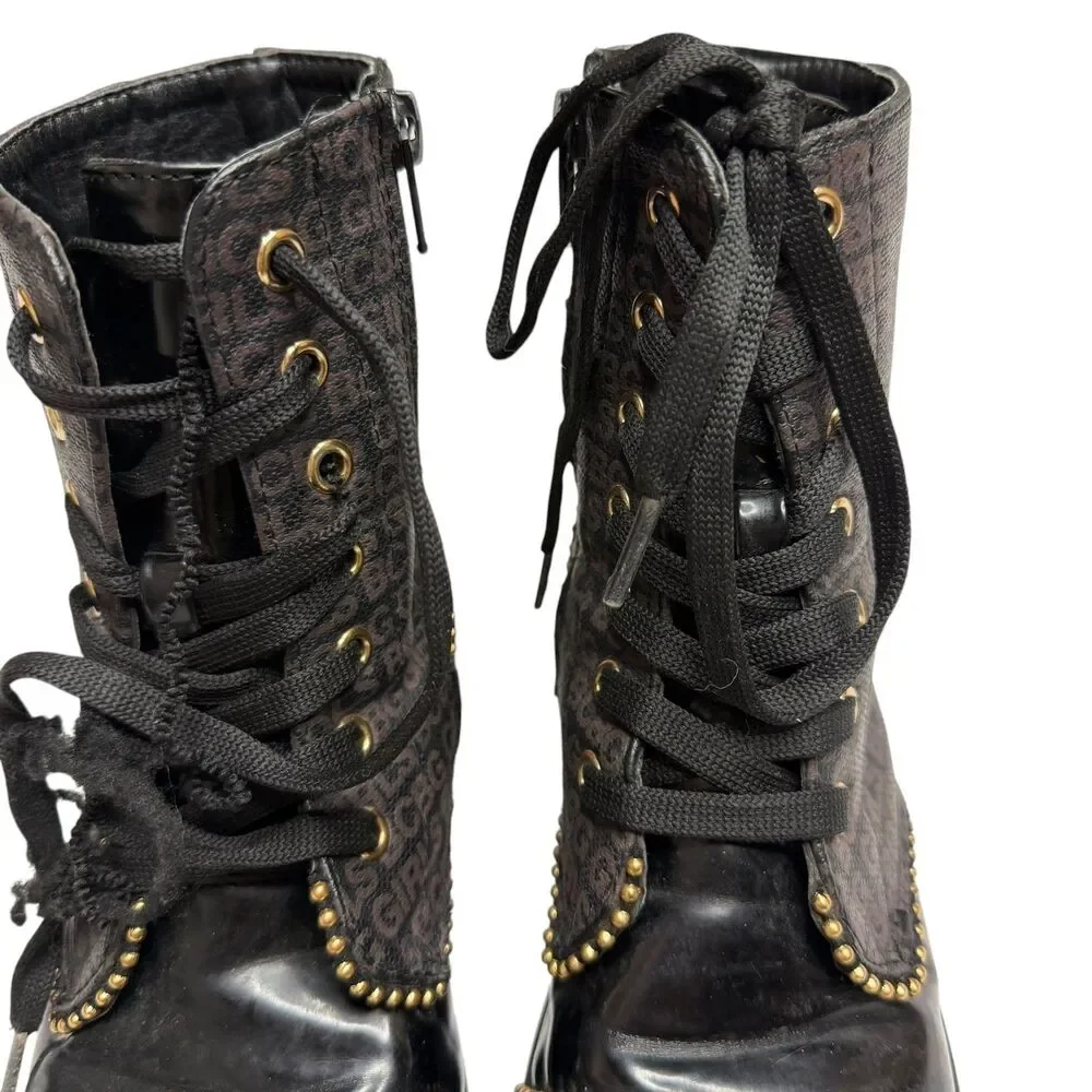BCBG Girls Combat Boots Faux Leather Logo Stud Lace Up Lug Sole Big Girl 1
